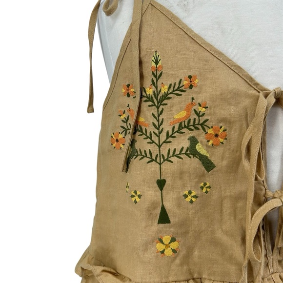 Meadows Tree, Bird, and Flower Embroidered Willow Linen Dress in Brown Size 2 - Picture 4 of 15